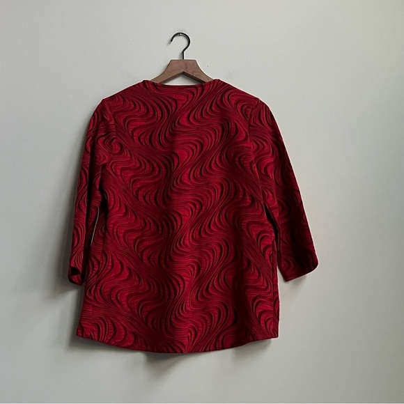 New Easywear Chicos Rojo Swirl Red 3/4 Jacket Blazer Abstract  Art Slinky Size 1 - Picture 9 of 12